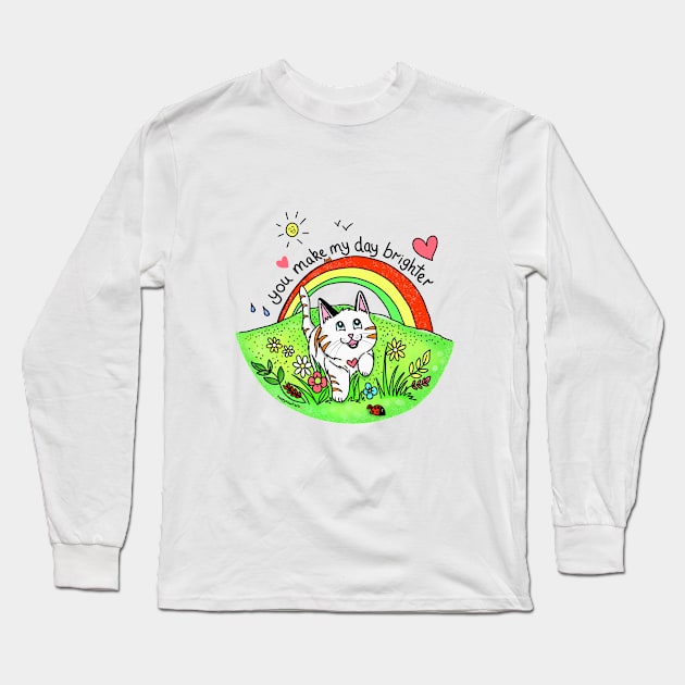 You make my day brighter - Cat running under a rainbow with cute message Long Sleeve T-Shirt by HappyPawtraits